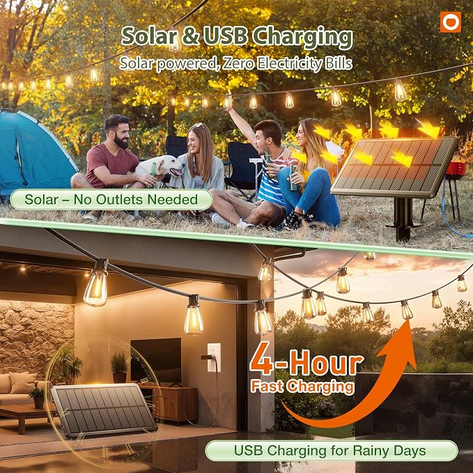 addlon 52(48+4) FT Solar String Lights Waterproof, Remote Dimmable 16+1 LED | Patio Lights Solar Powered with USB Port, Shatterproof Bulbs, 3 Light Modes, Timable Solar Light for Camping Backyard Garden
