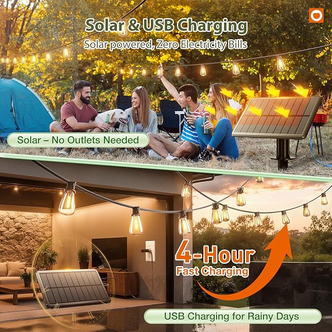 addlon 33(27+6) FT Solar String Lights Waterproof, Remote& USB Port 9+1 LED | Patio Light Solar Powered, Dimmable Bulbs 3 Lighting Modes Outdoor for Camping Backyard Garden