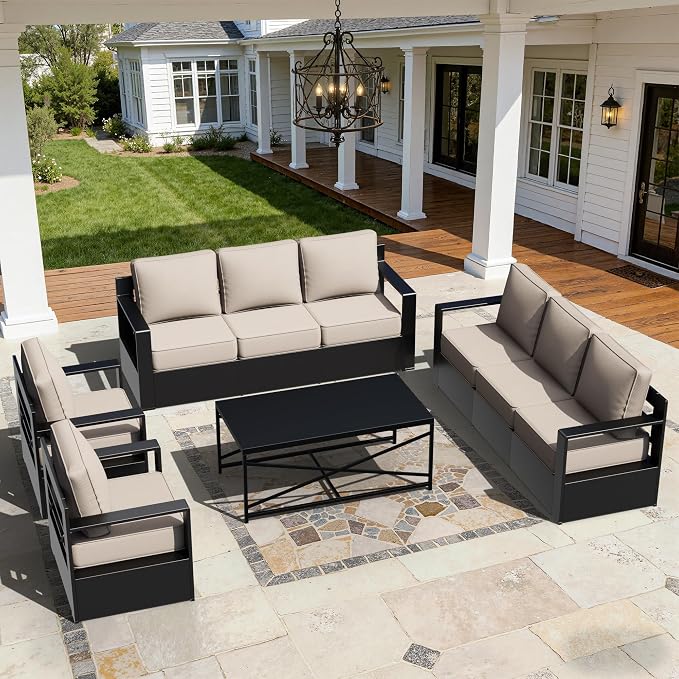 Outdoor Aluminum Furniture Set, 4-Piece Patio Conversation Set, 2 Chairs, 2 Sofa and 1 Table, All-Weather Metal Frame, 6" Thick Removable Cushions, Deep Setting for Garden, Poolside and Porch