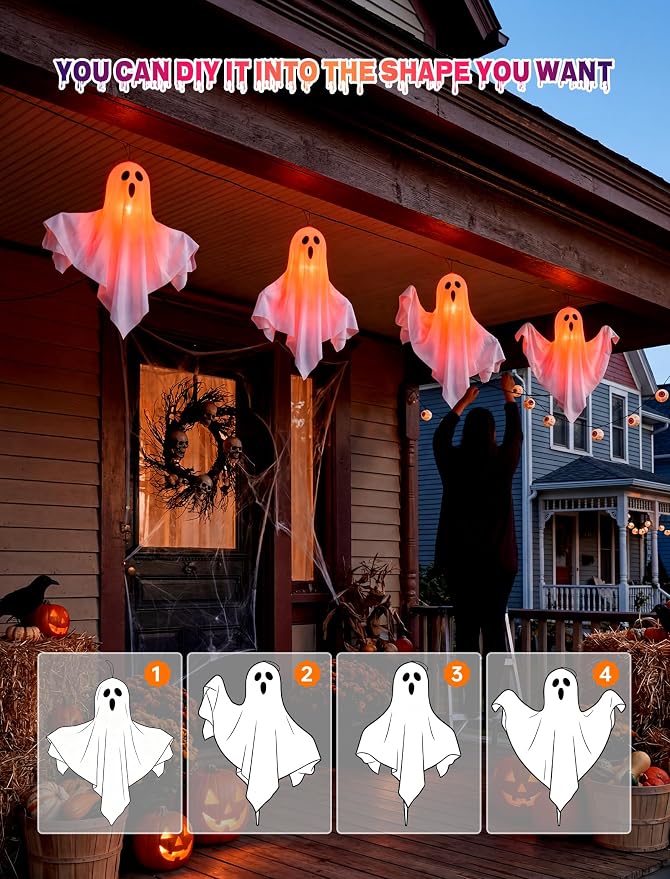4Pack Halloween Outdoor Pathway Lights, Plug In LED White Ghost Decor Light | 11.5Ft Connectable, Dimmable, Hanging, Indoor and Outdoor for Sidewalk Lawn Garden Porch Balcony Ghost Party Halloween Decor