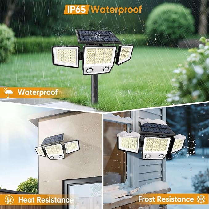 MDCMDCM Solar Motion Sensor Outdoor Lights Waterproof - 3000LM 3 Modes Security Lights Outdoor 270° Illumination IP65 LED Solar Flood Wall Light for Garden Yard Patio Pathway (with Stakes, 4)