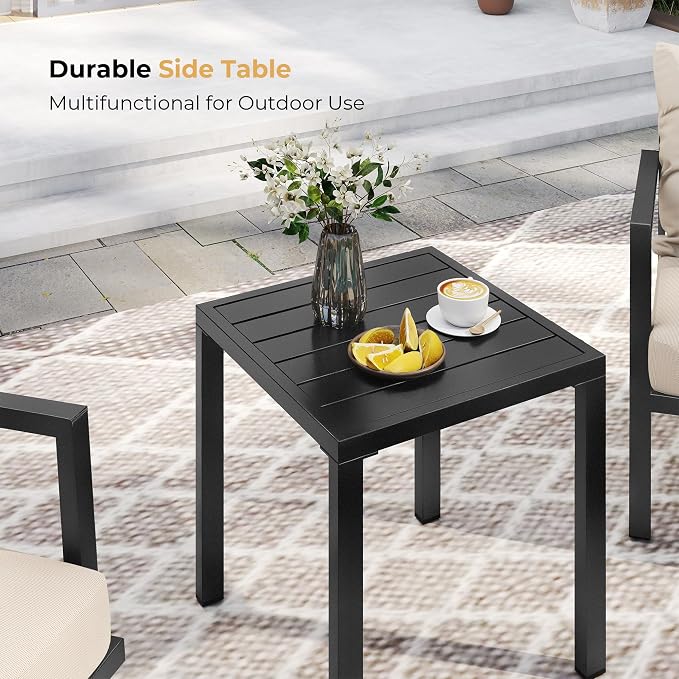 HAPPATIO Aluminum Patio Furniture Set, 3 Pieces Conversation Set with Thick Cushions and Side Table, Waterproof and Rustproof for All Weather, Seating Sofa for Garden, Backyard, Porch, Black