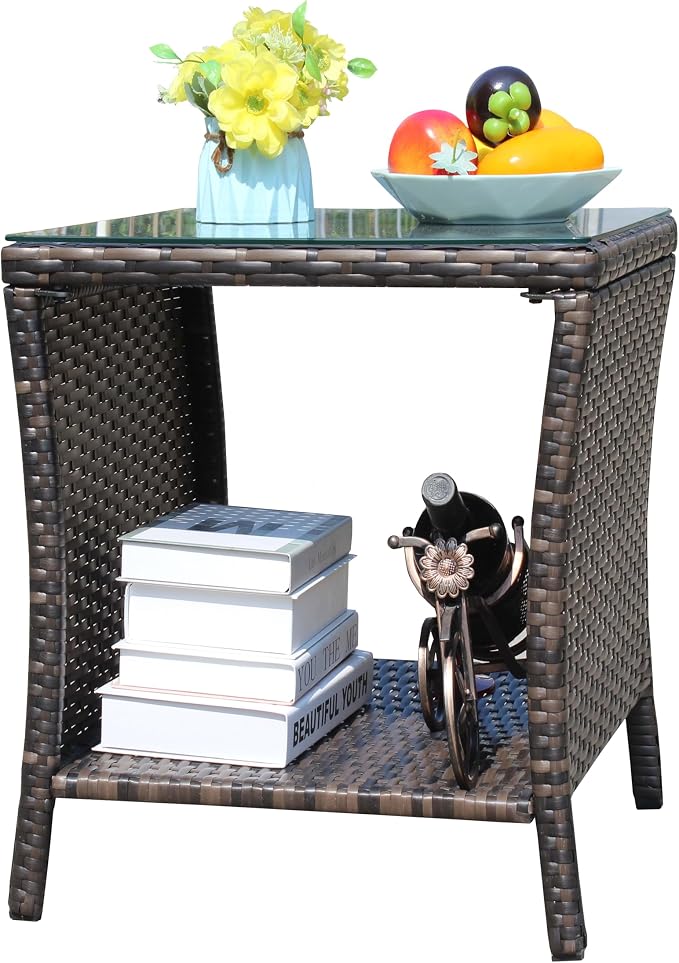 Wicker Rattan Side Table, Outdoor Square Rattan Coffee End Table with Tempered Glass Top and Storage for Patio Porch Lawn (B-Brown)