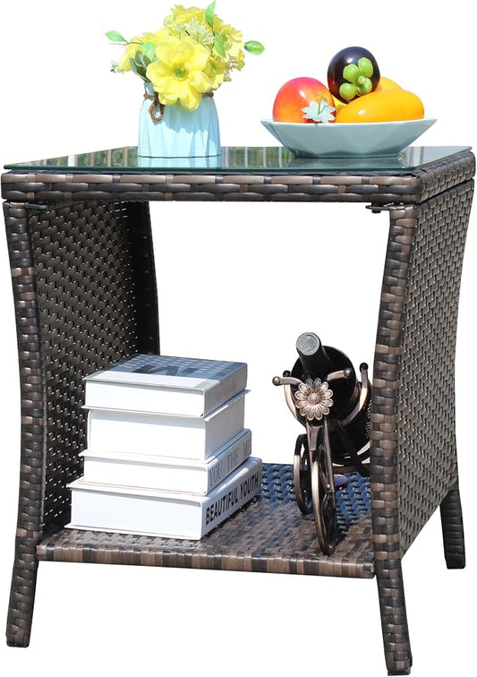 Wicker Rattan Side Table, Outdoor Square Rattan Coffee End Table with Tempered Glass Top and Storage for Patio Porch Lawn (B-Brown)