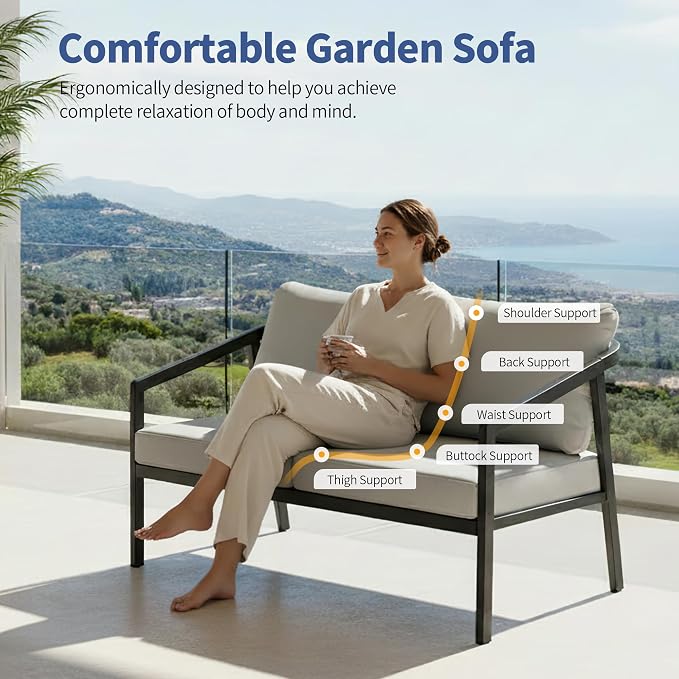 4-Piece Patio Sofa Set, Never-Rust Aluminum Patio Furniture with Thick Removable Cushions, Outdoor Conversation Set with 2 Armchairs, Loveseat & Table for Garden Deck Pool Poolside (Black)