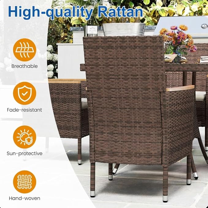 5-Piece Rattan Patio Dining Set with Acacia Wood Table 4 Armchairs and Cushions All-Weather Brown Wicker Outdoor Furniture Set for Backyard Deck Garden 35.4" Square Table