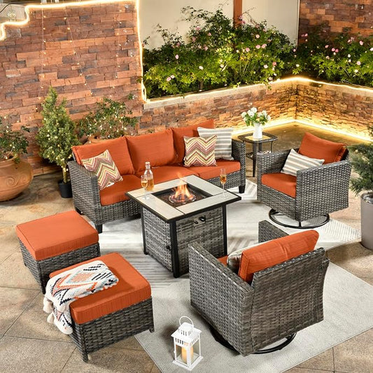 ovios 7 Pieces Patio Furniture Set with Square Fire Pit Table, Swivel Rocking Chairs, Outdoor High Back Wicker Rattan Conversation Set for Deck Porch, Orange Red