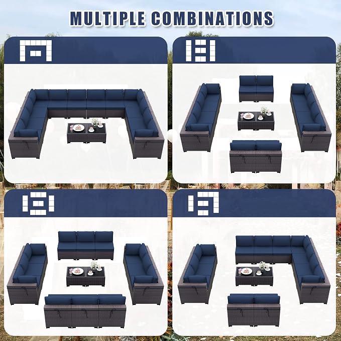 Kurapika 14 Pieces Patio Furniture Set, Rattan Wicker Outdoor Conversation Sets w/4 Inch Cushion and Glass Coffee Table(Navy Blue)
