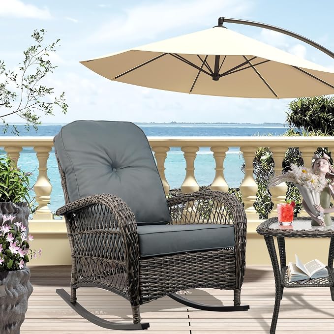 Outdoor Wicker Rocking Chair, All Weather Resin Rattan Wicker Rocking Chairs and Glass Coffee Table, for Garden Backyard Lown Porch,3pc,Grey