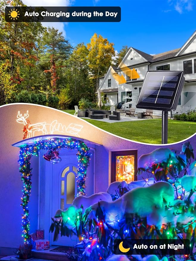 Solar Christmas Lights Outdoor 6 Pack 600 LED Solar String Light Multicolor | 8 Lighting Modes, Memory Function, Auto On/Off, 198FT Waterproof Twinkle Lights for Outside Porch Fence Balcony Decorations
