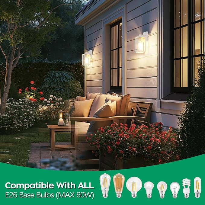 WIHTU Outdoor Front Porch Light Wall Mount, Exterior Lighting Fixture 1Pack | 10.65inch, Anti-Rust Metal Frame, Tempered Glass, E26 Base, Waterproof, Easy Install, Wall Sconce for Patio, Garage, Entryway