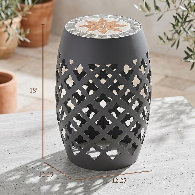 Ceramic Mosaic Outdoor Side Table, 12" Round Garden Stool Hollow Drum Accent End Table, All-Weather Metal Plant Stand Footstool for Patio, Balcony, Living Room, No Assembly