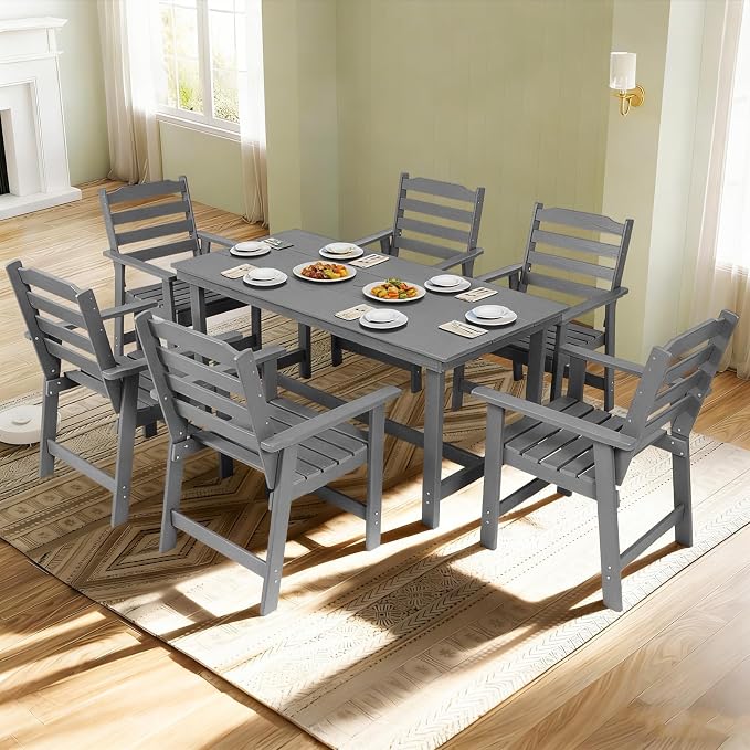 FUNBERRY Outdoor Dining Table, HDPE 6-Person Patio Table with Umbrella Hole | Wood-Grain, HDPE All Weather, No Rot or Rust or Crack, UV Fade Shield, 220LBS Weight Capacity, Easy-Clean for Outside