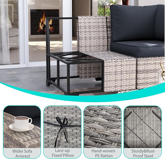 12-Piece Outdoor Patio Furniture Set with Rocking Swivel Chair, PE Wicker Rattan Sectional Sofa 55,000 BTU Fire Pit Table Patio Conversation Set with Ottomans and Chunky Arms, Dark Grey