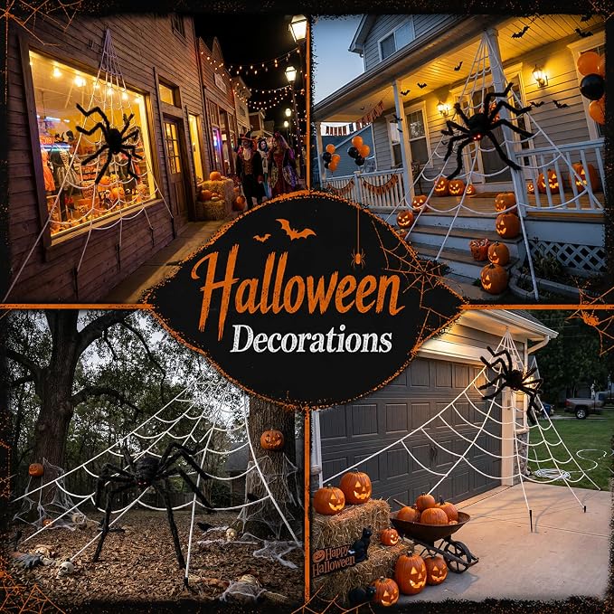 Land Guard 236'' Big Spider Web Halloween Decor+70'' Huge Spider for Roof with Triangular Big Web for on House Outside and Inside