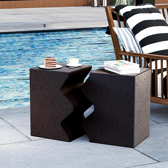 HOMPUS Outdoor Concrete Side Table w Spotted, Set of 2 Patio End Table Modern Vintage MgO, Lightweight Functional Combine Accent Table for Indoor Outdoor Use, Garden, Deck, Poolside, Brown