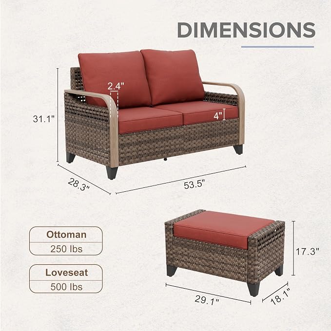 COOS BAY Modern Wicker Outdoor Furniture Set, 3 Piece Patio Conversation Set with a Loveseat and 2 Ottomans, 3 Piece, Brown/Red