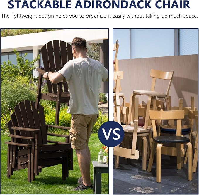 nevilywood Compact Stackable Adirondack Chairs Set of 4,HDPE,380lbs,Coffee | 26.3" Wide HDPE.All-Weather Outdoor.Maintenance-Free.Stackable for Storage.25°Curved Straight Backrest.Quick Assembly