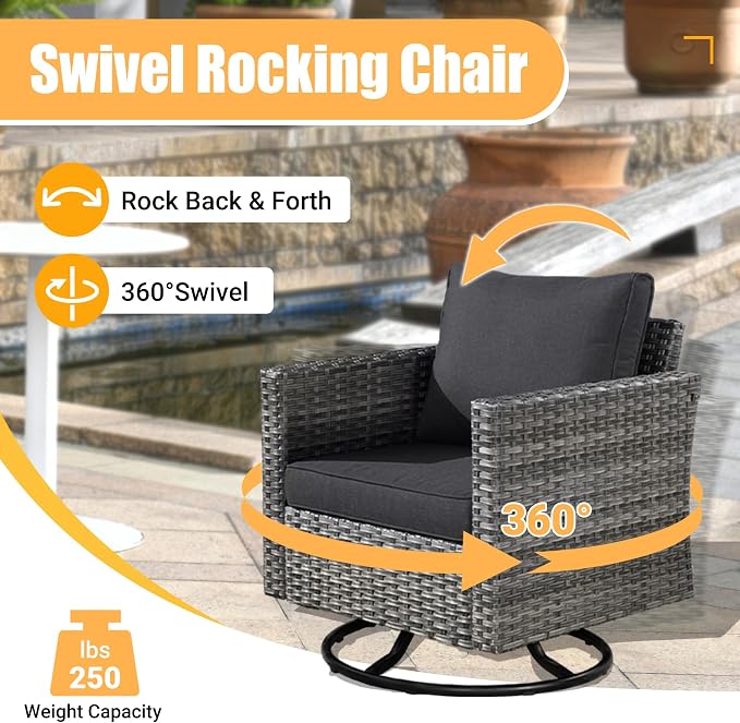 Weaxty 8 Piece Outdoor Sectional with Fire Pit Table, All Weather Wicker Patio Furniture Set with Swivel Rocker Chair Coffee Table, Thick Cushion Couch Conversation Sets for Garden Deck Backyard Black
