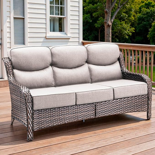 71'' Patio Couch Outdoor Wicker Sofa, Heavy Duty All-Weather Rattan 3-Seater Sofa with Deep Seating and Removable Cover, Outdoor Patio Furniture for Deck Porch Sunroom Backyard Brown/Beige