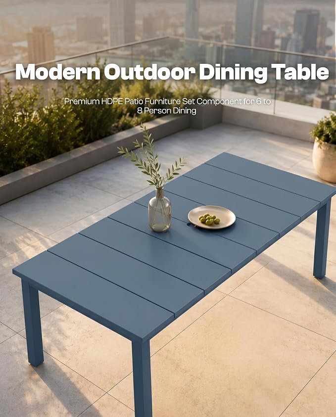 75.2" Outdoor Dining Table for 4-6 People, Patio Dining Outdoor Table with Umbrella Hole, All Weather Patio Table for Backyard, Deck and Garden, Navy Blue
