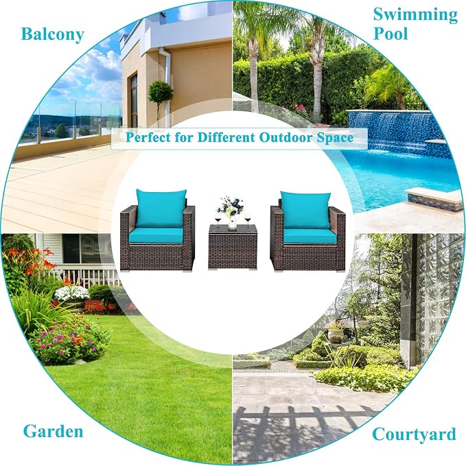 COSTWAY 3-Piece Patio Furniture Set, Outdoor Wicker Rattan Sofa with Cushions and Coffee Table with Tempered Glass, Modern Conversation Chair Set for Poolside Backyard Balcony Lawn (Turquoise)