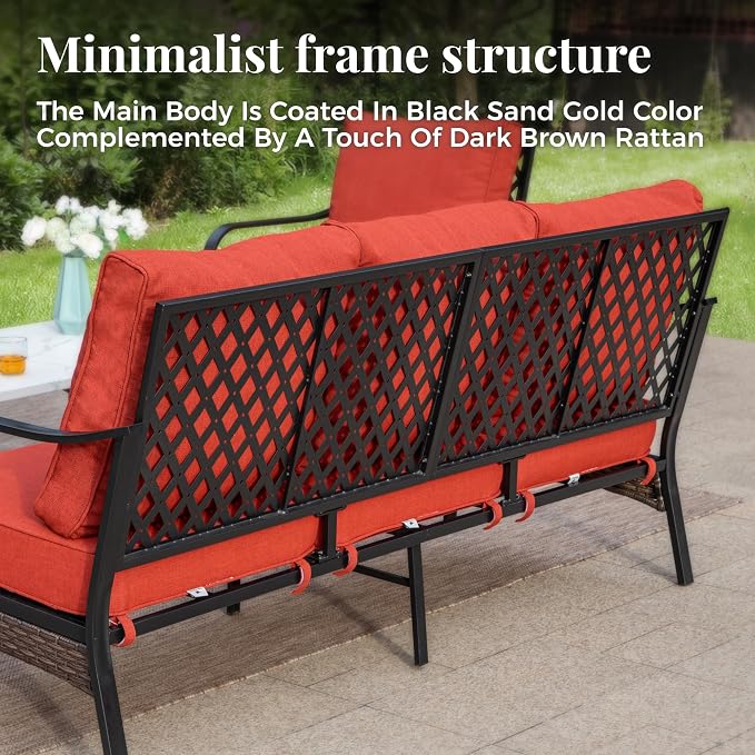 MIXPATIO Patio Furniture Set with Coffee Table, Outdoor Conversation Set with 2 x Fixed Chairs, 1 x 3-Seat Sofa for Lawn Garden Backyard, Red