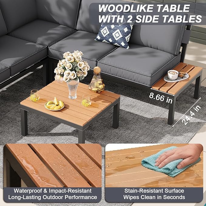 JOYURE 4-Piece Patio Furniture Set,Metal Outdoor Sectional Sofa with Fauxwood Tables &Adjustable Reclining Chair,Patio Modular L Shaped Sofa with Thick Cushions for Backyard,Deck,Balcony,Grey