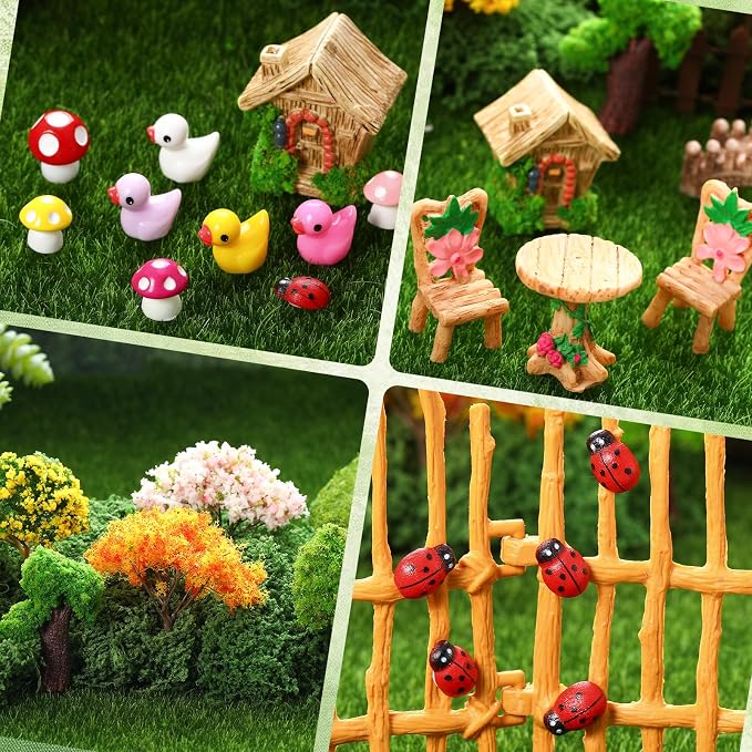68 Pcs Fairy Garden Accessories Mini Resin Animals Figures | Miniature Ducks Mushroom Ladybug Table and Chairs Bridge Pond Fence Moss Bonsai Landscape Ornaments Kit for Garden DIY Craft