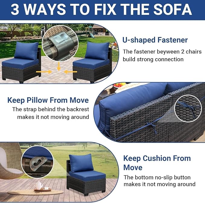 9-Piece Patio Furniture Set with All-Weather Wicker Sectional Sofa, Rattan Outdoor Conversation Seating with Cushions, Tempered Glass Coffee Table and Ottoman for Porch and Garden Relaxation(Blue2)