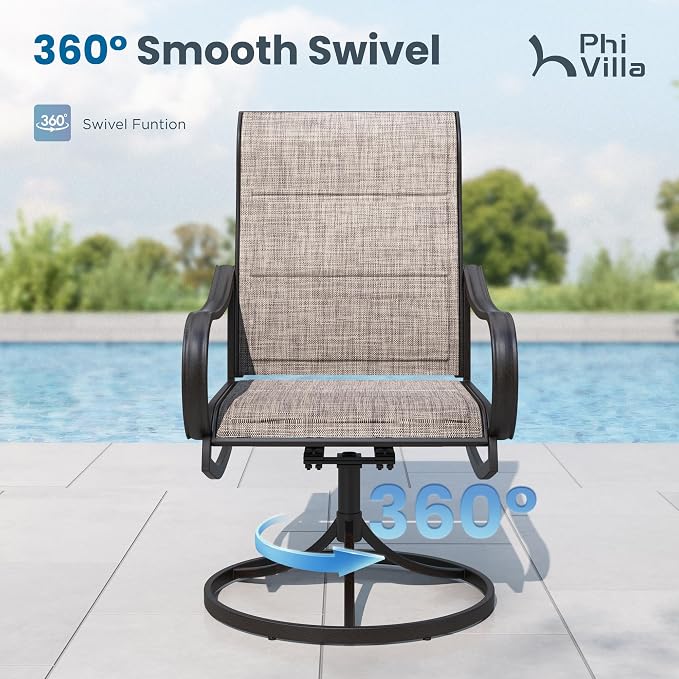 PHI VILLA Patio Dining Set for 6, Padded Textilene Swivel Dining Chairs & Brown Metal Slat Table Top with 1.6" Umbrella Hole, Rustproof Waterproof for All Weather,Outdoor Dining Set for Garden Yard
