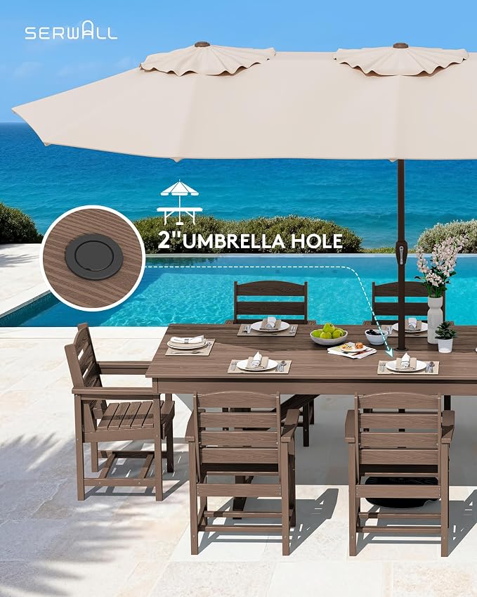 SERWALL 10 Piece Outdoor Dining Set with 15ft Triple-Head Foldable Umbrella(Based not Included), 84" HDPE Outdoor Table and Chairs for 8, Brown