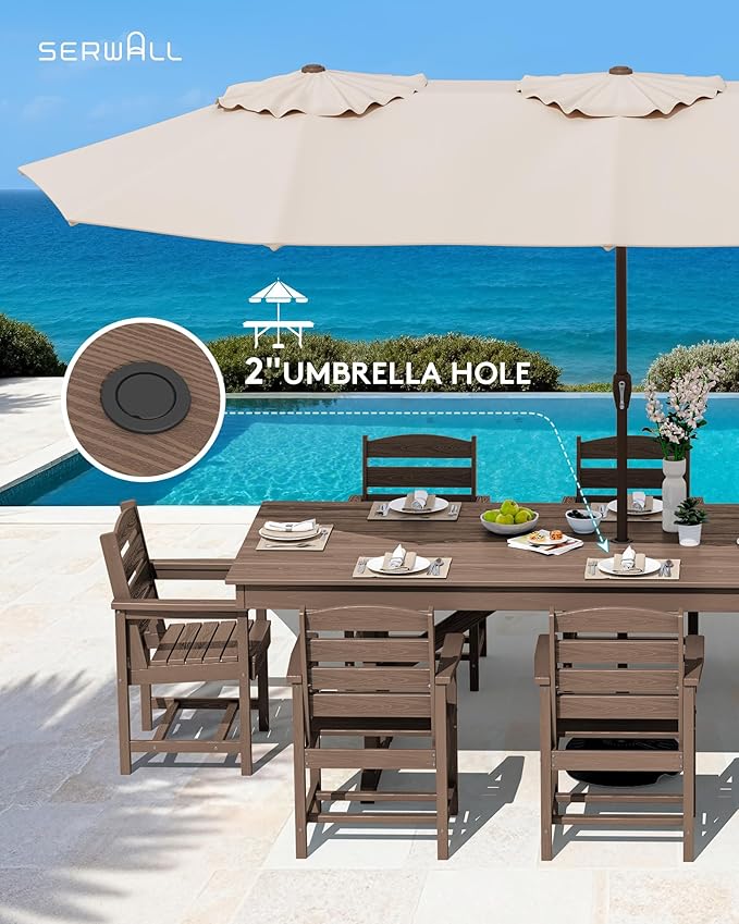 SERWALL Outdoor Dining Table, 84" Rectangular Dining Table for 6-8 Person, All Weather HDPE Patio Dining Table with Umbrella Hole for Backyard, Garden, Brown
