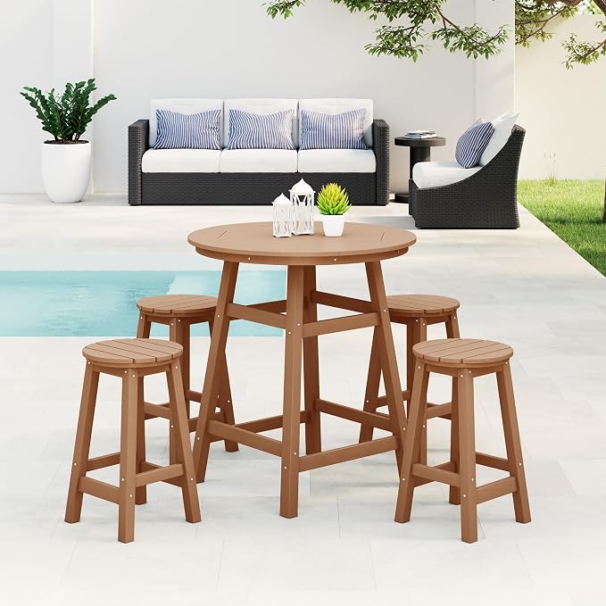 Costaelm Patio Bistro Table, 37" Counter Height Round Patio Cocktail Bar Table with Umbrella Hole, Outdoor Bistro Dining Pub Table for Front Porch Deck Backyard Garden, Teak
