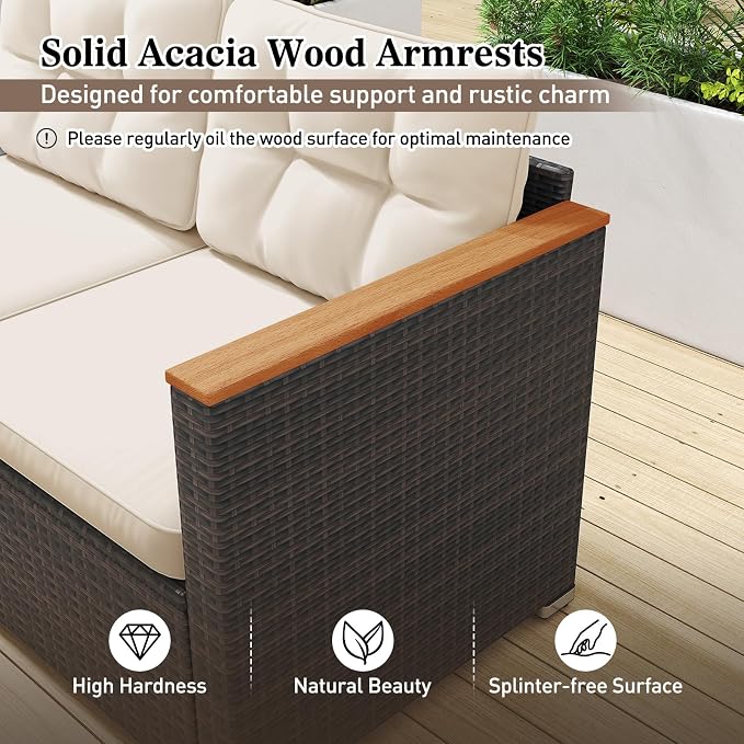 Tangkula 3-Seat Patio Wicker Couch Sofa, Outdoor 3 Seater Rattan Furniture Set with Acacia Wood Armrests & Thick Cushion, Outside Sectional Sofa Couch for Porch, Deck, Garden and Backyard, Off White