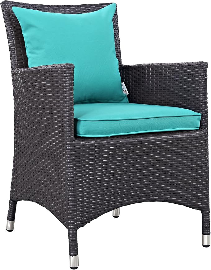 Modway Convene Wicker Rattan Outdoor Patio Dining Armchairs With Cushions in Espresso Turquoise - Set of 2
