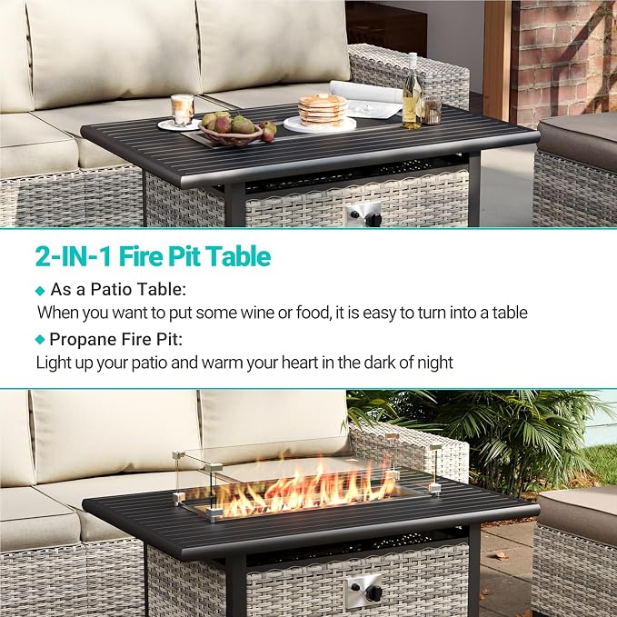 13-Piece Outdoor Patio Furniture Set with 55,000 BTU Fire Pit Table, PE Wicker Rattan Sectional Sofa Patio Conversation Set with Coffee Table, White