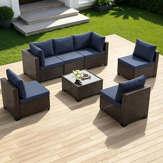 7 Pieces Outdoor Patio Furniture Set, Brown PE Rattan Weaving Sofa with Navy Blue Cushions and Steel Frame, Coffe Table Included, Outdoor Conversation Set