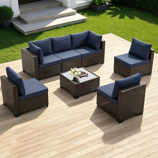 7 Pieces Outdoor Patio Furniture Set, Brown PE Rattan Weaving Sofa with Navy Blue Cushions and Steel Frame, Coffe Table Included, Outdoor Conversation Set