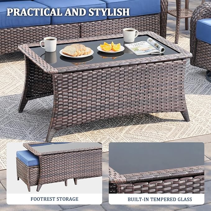 Luxury Swivel Rocker Chairs Sofa Set with 6" Thick Cushion 5 piece Wicker Outdoor Patio Chair with Coffee Table High Back Comfortable Outdoor Patio Furniture Set - Brown | Blue
