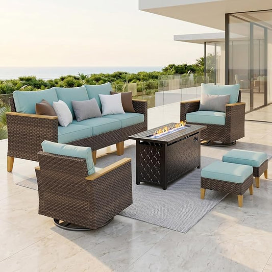 PHI VILLA Wicker Patio Furniture Set with Swivel Chairs, 8 Pieces Outdoor Conversations Set with 45" Fire Pit Table, Oversized Rattan Patio Sectional Sofa with Ottoman, Aqua Blue Cushion