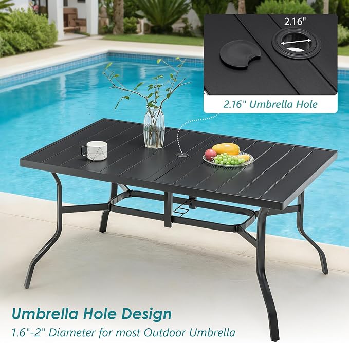 Thanaddo 57" Outdoor Patio Dining Table, Metal Rectangular Table with 2.16" Umbrella Hole, Weather-Resistant Slatted Steel Table for Backyard, Garden, Poolside, Black