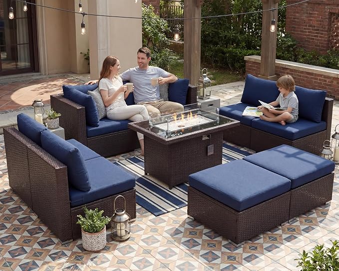 BULEXYARD 9 Piece Highback Patio Furniture Set with Fire Pit Table, Modern Modular Outdoor Sectional Couch Sofa with Ottoman, XL 8-Person Backyard Seating for Outside, Brown Wicker & Navy Blue Cushion