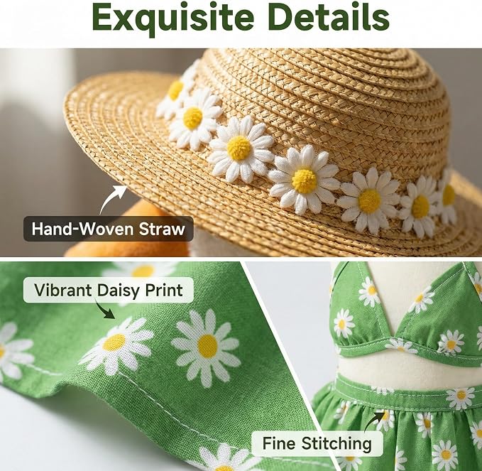 Daisy Goose Outfits 3Pcs Bikini Set for 23" Porch Goose - Spring & Summer Porch Goose Decor with Straw Hat, Daisy Print Top and Skirt, Cute Beach Bikini Goose Outfits for Lawn Garden Patio