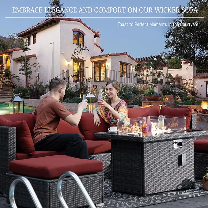 BULEXYARD 13 Piece High Back Patio Furniture Sets with Firepit, Luxury Outdoor Seating Sectional Couch 12-Person Modular, Comfortable Extra Large Wide Deep Backyard Conversation Sofa Set, Grey & Red