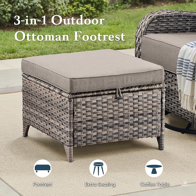 Belord Luxury 6" Thick Cushioned 5 Pieces Patio Furniture Set with 2 Ottomans, Wicker Outdoor Conversation Set with High Back Swivel Rocker Patio Chairs for Deck Porch Yard and Poolside - Grey+Grey