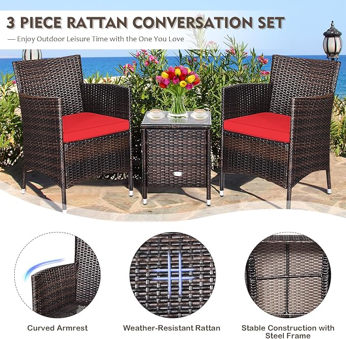 DORTALA Wicker Patio Furniture Set 3 Piece, Small Outdoor Table & Chairs Set with Cushions, All-Weather Rattan Conversation Bistro Set for Balcony, Porch, Backyard, Deck, Red