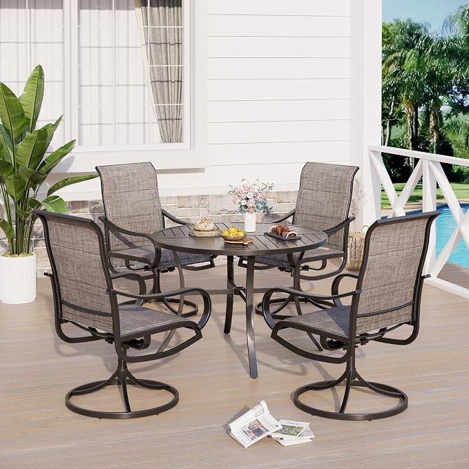 Sophia & William Patio Dining Set for 4, Round Table & Swivel Chairs, Brown | High-back & Padded, Umbrella Hole, Durable Material, Ergonomic design, Weather-resistant, Outdoor backyard deck, 5 Piece