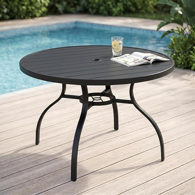 47” Round Outdoor Dining Table for 6,Metal Patio Dining Table with Adjustable Umbrella Hole,All-Weather Black Outdoor Patio Table for Porch, Garden, Backyard, Poolside, Lawn