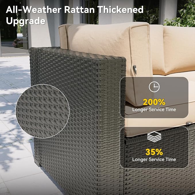Aoxun Patio Furniture Set, 7 Piece Outdoor Sectional Sofas with Waterprool Cover, Wicker Rattan Outdoor Furniture Patio Conversation Set for Backyard, Garden Beige